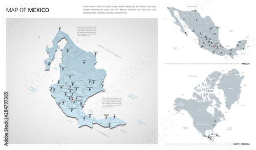 Vector set of Mexico country.  Isometric 3d map  Mexico map  North America map - with region  state names and city names.