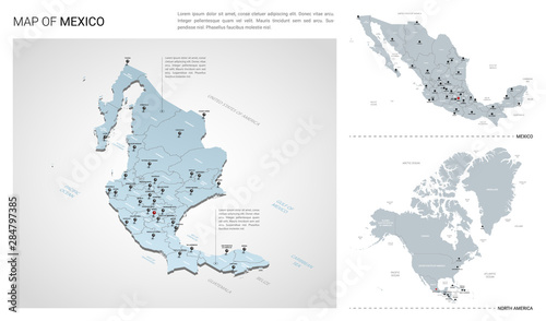 Vector set of Mexico country.  Isometric 3d map, Mexico map, North America map - with region, state names and city names.