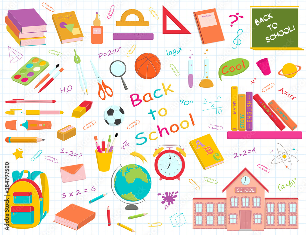 Vector set of multicolour school supplies and stationery.