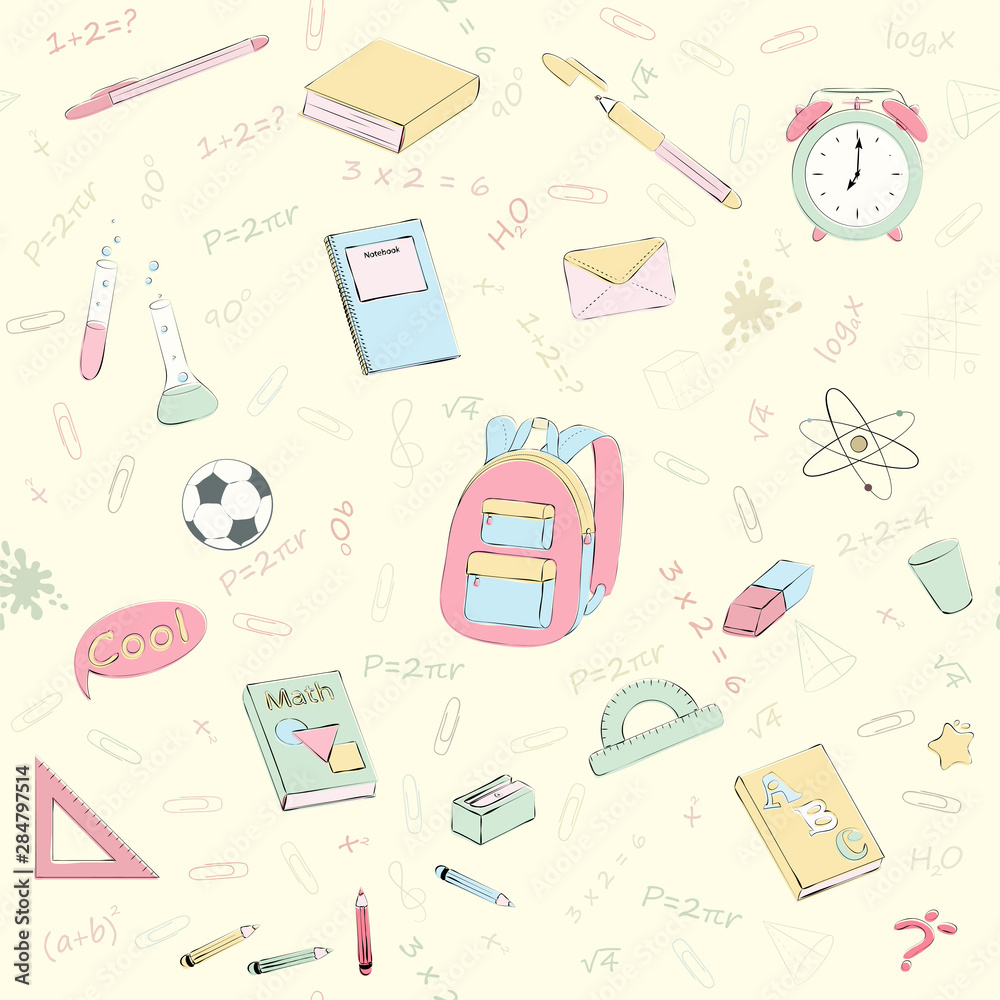 Multicolour vector seamless pattern with school supplies and stationery.