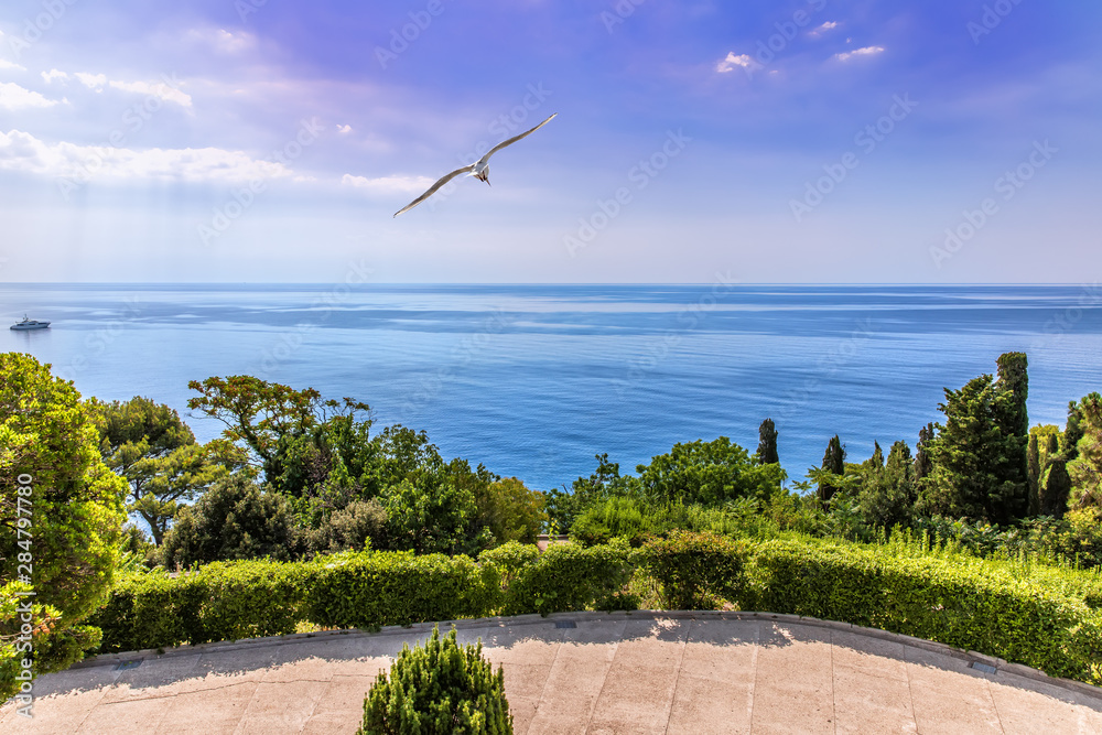 Beautiful Black sea view from the terrasse of the Vorontsov Palace in Crimea