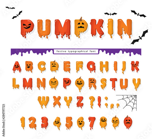 Halloween pumpkin font. Cute colorful letters and numbers with cpooky creepy faces. Cartoon funny alphabet for kids. Vector