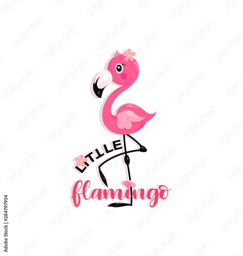 Cute little flamingo with flower. Hand lettering with flamingo. Good for children's t-shirts, posters, textiles, gifts, travel sets. Cute little flamingo with flower. Hand lettering with flamingo. Good for children's t-shirts, posters, textiles, gifts, travel sets.