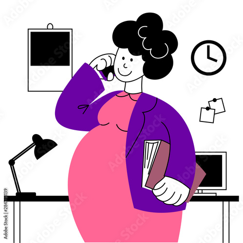 A  vector image of a pregnant woman working in the office. Life and work balance. A woman making career.