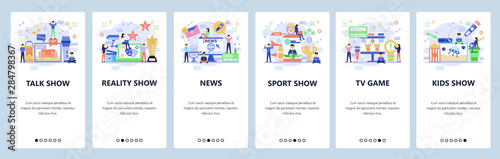 Mobile app onboarding screens. Television industry, tv show, sport news. Menu vector banner template for website and mobile development. Web site design flat illustration