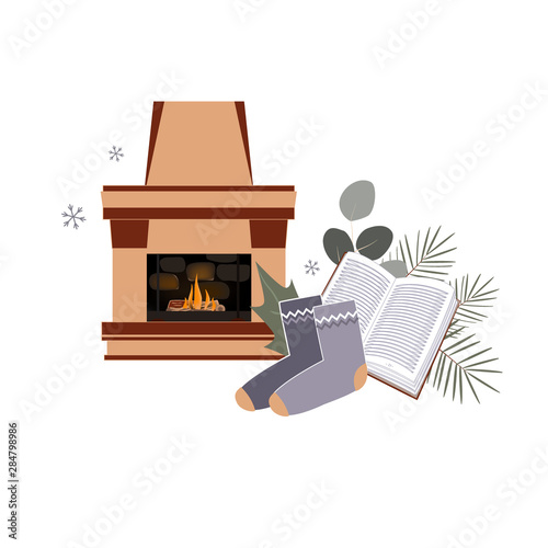 Time to Hygge, minimailstic vector composition. Cozy home things like fireplace, book, warm socks, and christmas tree branches. Danish living concept. Card or sticker template