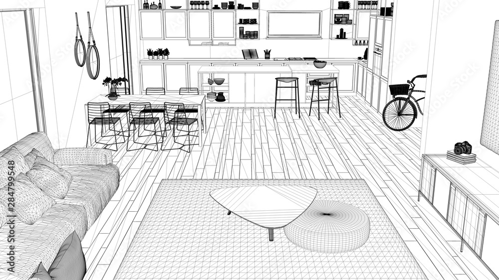 Blueprint project draft, penthouse living room and kitchen interior