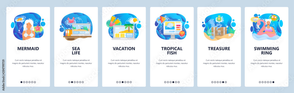 Mobile app onboarding screens. Sea world, underwater life, mermaid ...