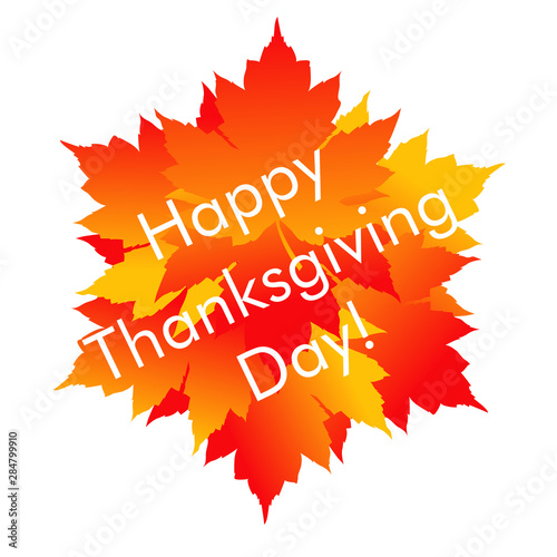 Logotipo con texto Happy Thanksgiving Day color blanco sobre hojas de arce en color naranja