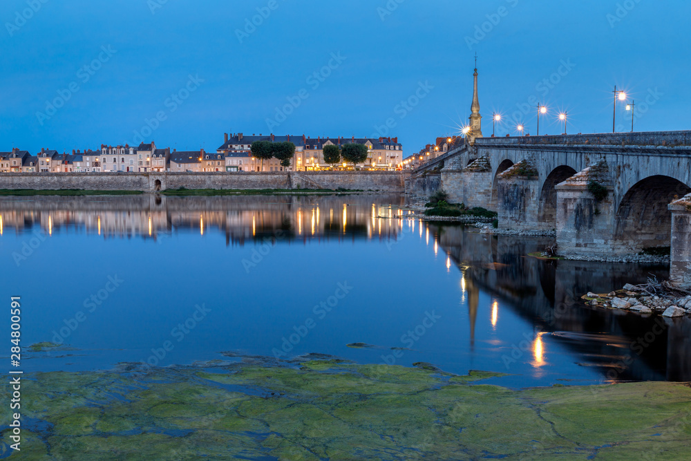 Twilight view of Jacques Gabriel bridge and city skyline reflected in water of Loire river. Blois, France.