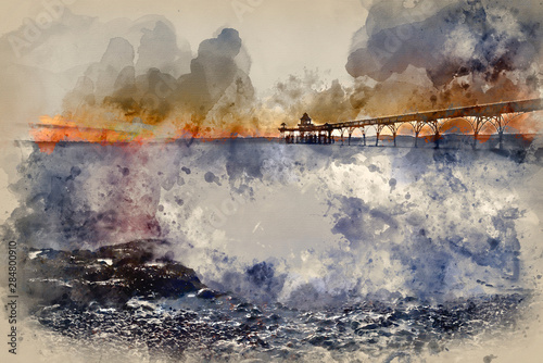 Digital watercolor painting of Beautiful long exposure sunset over ocean with pier silhouette