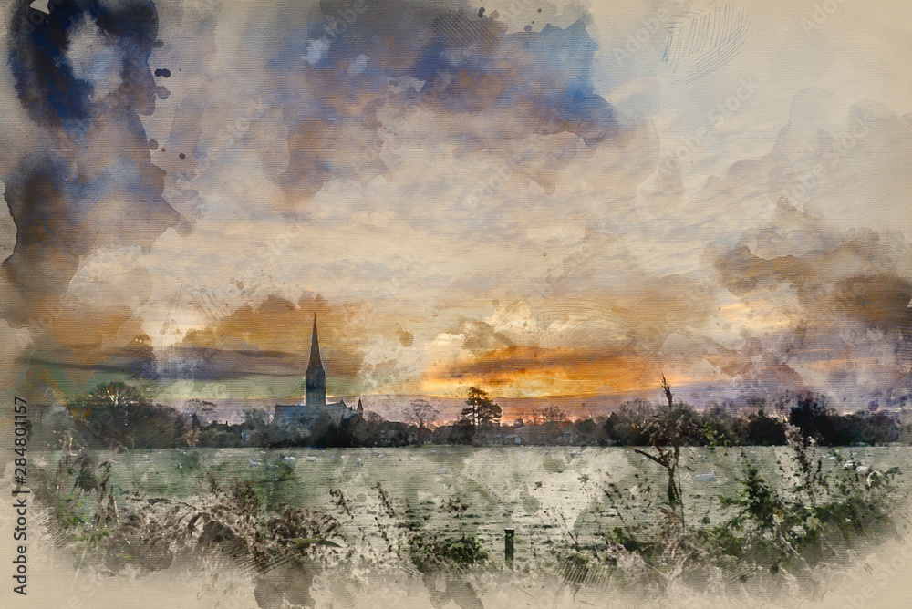 Digital watercolor painting of Winter frosty sunrise landscape Salisbury cathedral city in England