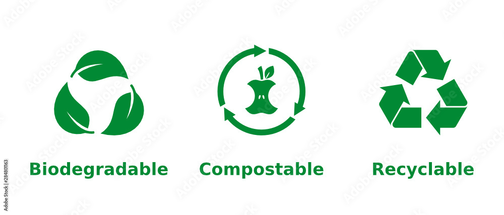 Plakat Biodegradowalny, kompostowalny, nadający się do recyklingu zestaw ikon. Trzy zielone symbole recyklingu na białym tle. Zero odpadów, ochrona przyrody, przyjazna dla środowiska, koncepcja zrównoważonego rozwoju.Ilustracja wektorowa, mieszkanie, clipart.