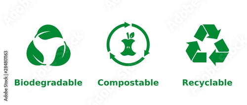 Fototapeta Biodegradowalny, kompostowalny, nadający się do recyklingu zestaw ikon. Trzy zielone symbole recyklingu na białym tle. Zero odpadów, ochrona przyrody, przyjazna dla środowiska, koncepcja zrównoważonego rozwoju.Ilustracja wektorowa, mieszkanie, clipart.