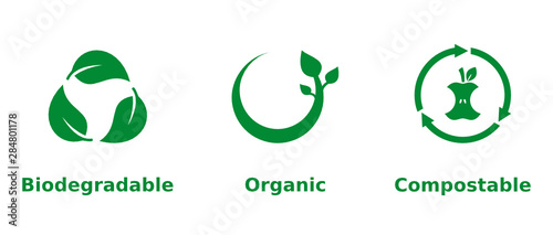 Biodegradable, organic, compostable icon set. Three green eco friendly signs on white background. Organic farming, environmental, healthy lifestyle, ecological, concept. Vector illustration,clip art.  photo