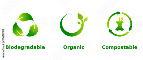 Biodegradable, organic, compostable icon set. Three green gradient eco friendly signs on white background. Ecological, organic farming, healthy lifestyle, concept. Vector illustration, flat,clip art. 