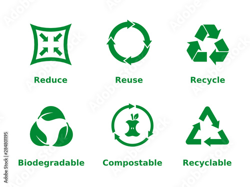 Reduce, reuse, recycle, biodegradable, compostable, recyclable, icon set. Six recycling concept signs on white background. Zero waste, ecofriendly, concept. Vector illustration, flat style, clip art.