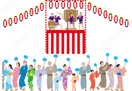 盆踊り。日本の伝統行事。ベクター素材