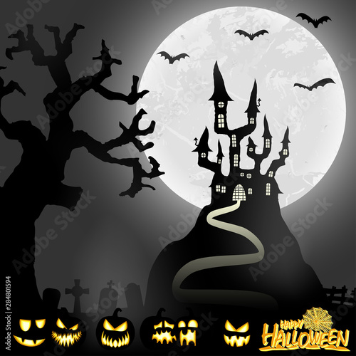 Halloween castle, pumpkins and bats