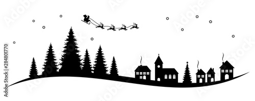 Santa Claus, reindeers, church and conifers