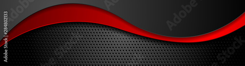 Abstract composition of red and black waves on dark background. Metallic perforated texture design. Technology illustration. Vector header banner