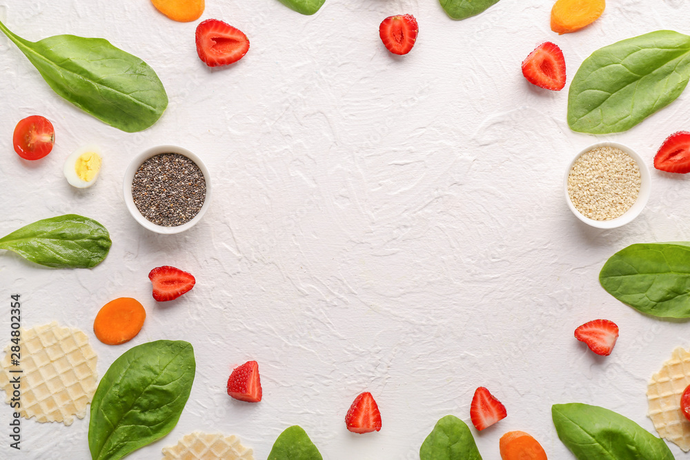Frame made of fresh products on white background Frame made of fresh products on white background