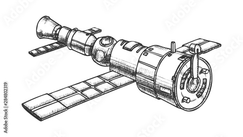 Scientific Space Exploring Satellite Ink Vector. Satellite For Navigation System And Explore Cosmos And Earth Planet. Cosmic Station Hand Drawn In Vintage Style Black And White Illustration