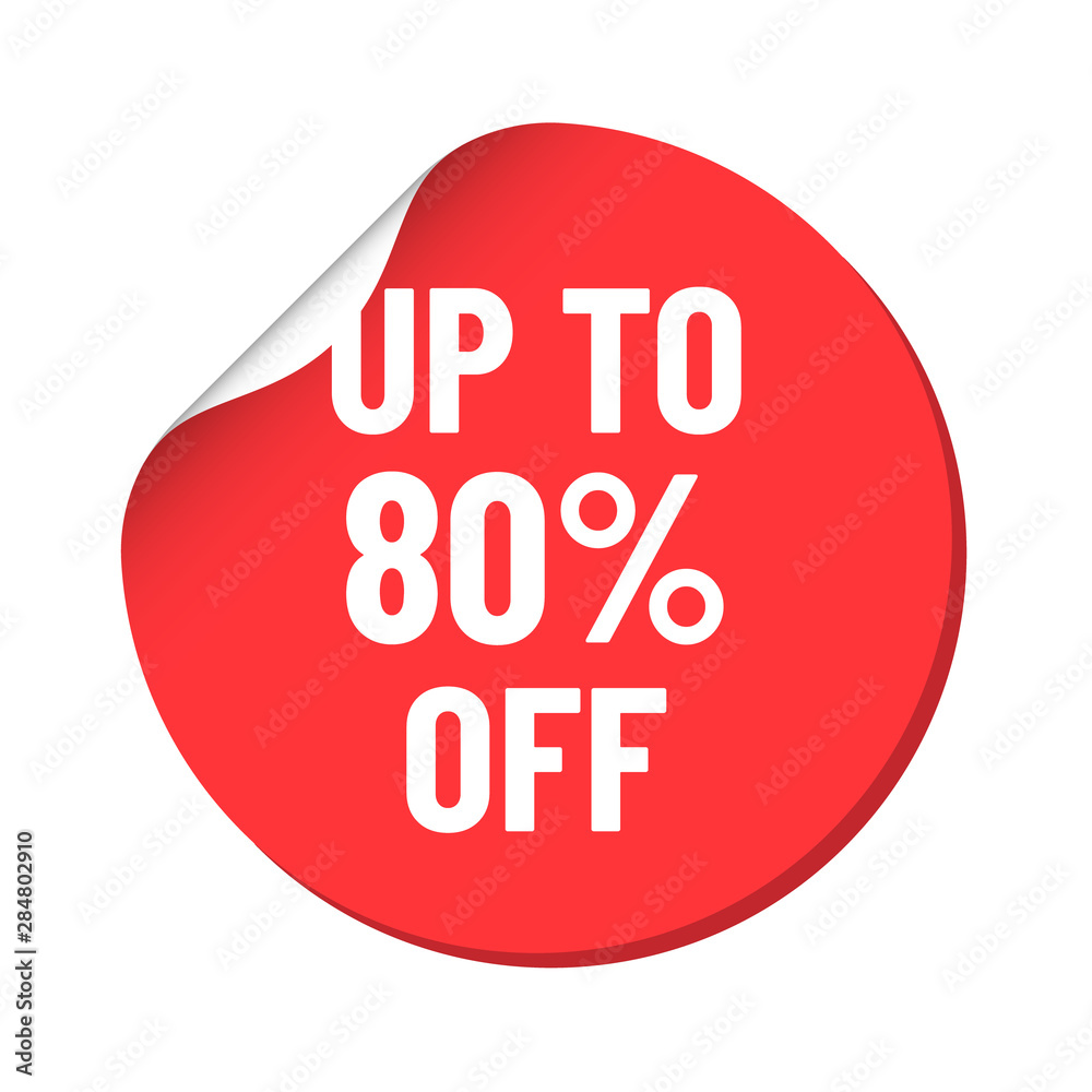 round red discount sticker. bent label isolated on white background. discount up to 80 percent off. illustration for promo advertising discounts round red discount sticker. bent label isolated on white background. discount up to 80 percent off. illustration for promo advertising discounts