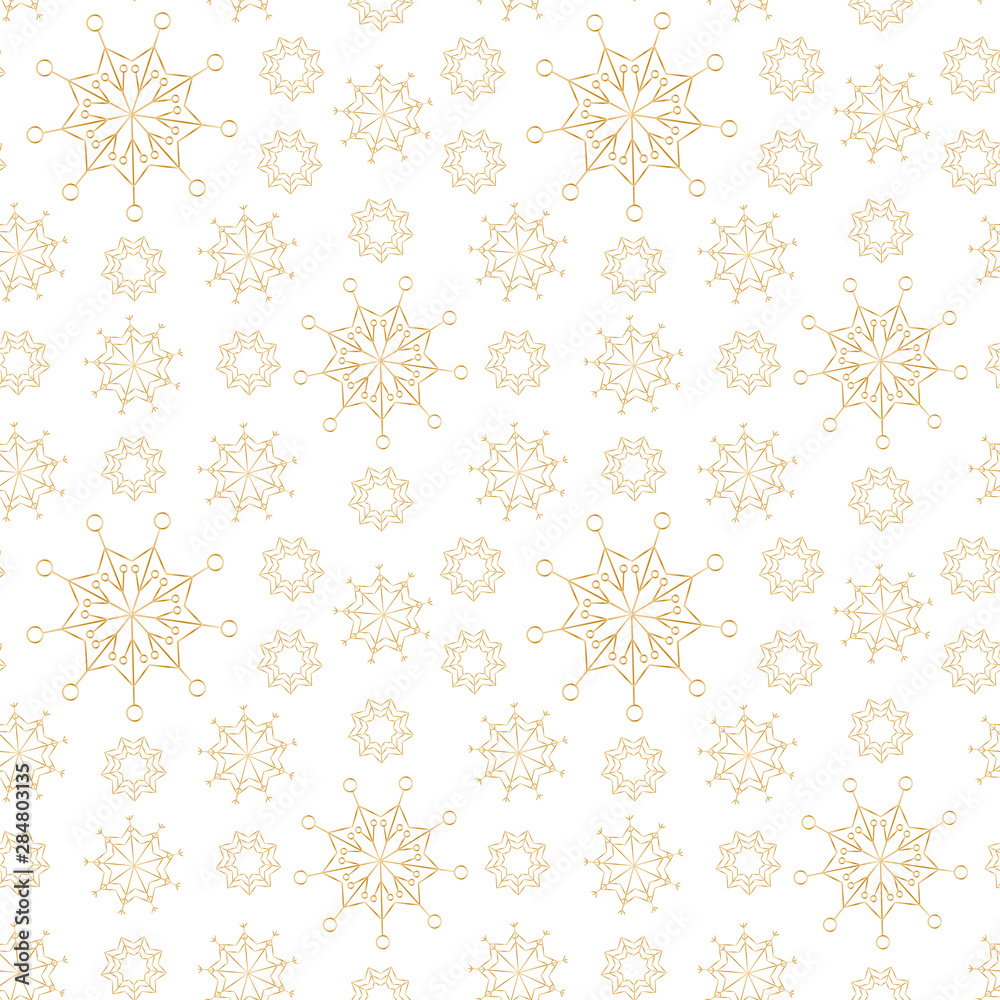 Gold and white snowflake seamless pattern. New year and Christmas ornament. Usable for wrapping paper, posters, invitations, greeting cards, banners. Vector illustration