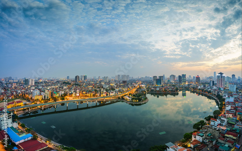 Aerial skyline view of Hanoi city  Vietnam. Hanoi cityscape by sunset period at Hoang Cau lake  Dong Da district