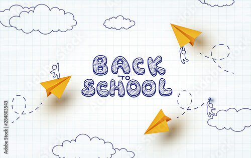 Back to school notebook background. Drawing little men flying on yellow paper airplanes. Vector cartoon children and planes.