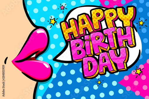 Happy Birthday word bubble. Message in pop art comic style
