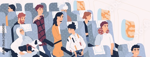 Passengers inside airliner. Funny people sitting on seats in modern aircraft cabin. Cute men and women aboard plane. Airplane trip, travel, journey. Flat cartoon colorful vector illustration.