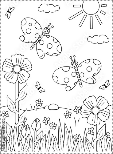Spring or summer joy themed coloring page with butterflies, flowers, grass.