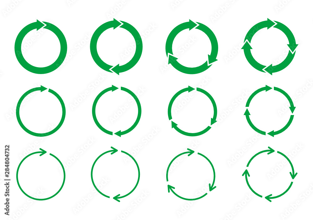 Set of green circle arrows rotating on white background. Recycle