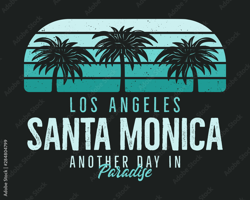 Santa Monica Beach Graphic for T-Shirt, prints. Vintage Los Angeles hand drawn 90s style emblem. Retro summer travel paradise scene, unusual badge. Surfing Adventure Label. Stock vector.