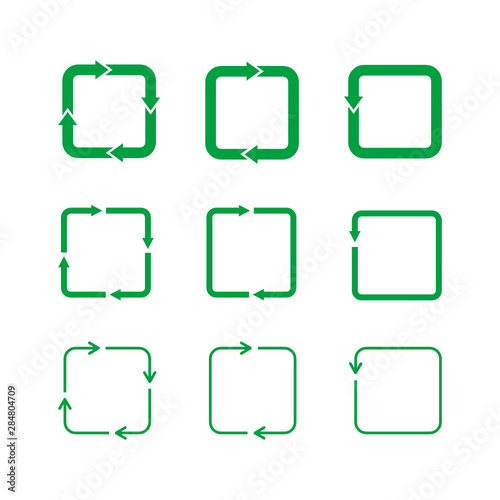 Green rectangular loop icon set on white background. Rounded square arrows representing circulation. Recycle concept. Refresh, reload, cycle sign collection. Vector illustration, flat style, clip art