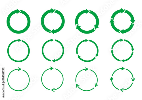 Set of green circle arrows rotating on white background. Recycle concept. Arrow heads representing circulation. Refresh, reload, loop rotation sign collection. Vector illustration,flat style, clip art