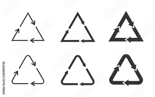 Triangle loop icon set on white background. Set of black recycling symbols. Triangular arrows sign set. Different triangles representing circulation. Design element.Vector illustration,flat,clip art. 