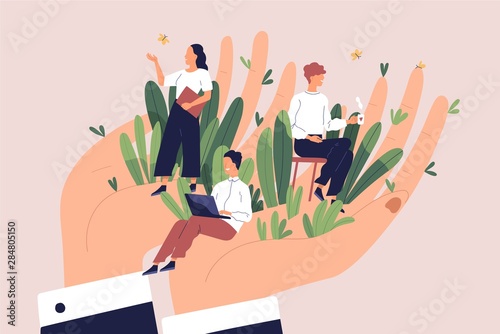 Giant hands holding tiny office workers. Concept of employee care, wellbeing at work or workplace, perks and benefits for personnel, support of professional growth. Flat cartoon vector illustration. photo