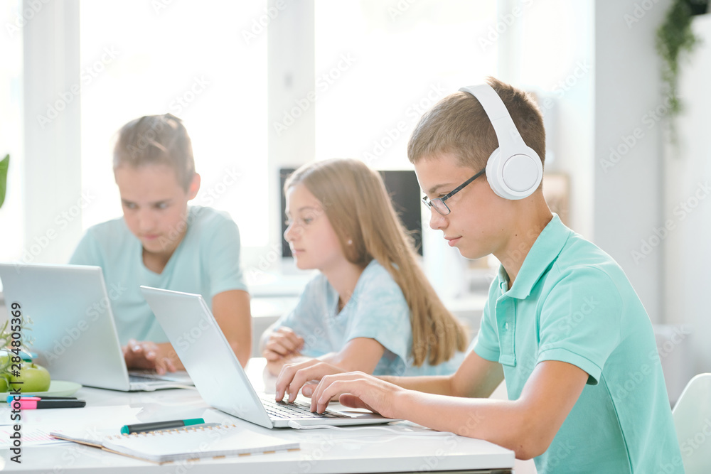 Fototapeta premium One of youthful classmates in headphones looking at laptop display