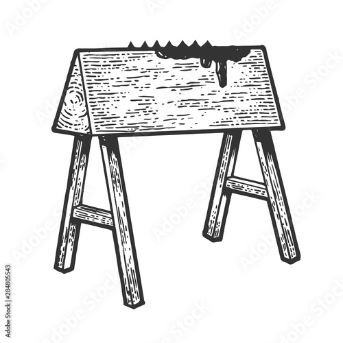 Wooden horse spanish donkey medieval torture device sketch engraving vector illustration. Scratch board style imitation. Hand drawn image.