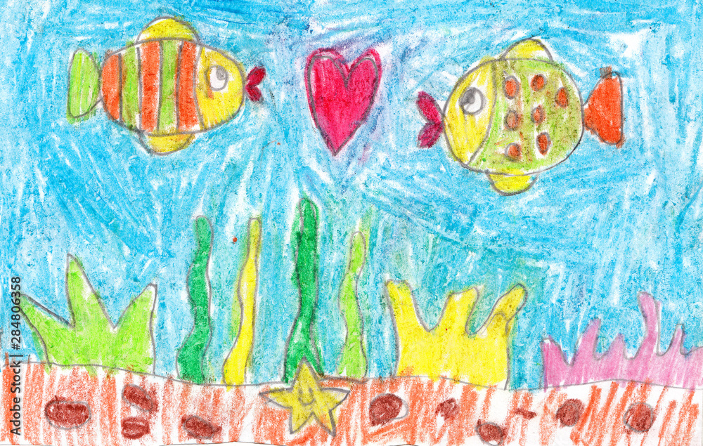 Love concept - Fish underwater illustration childlike drawing, Valentine card