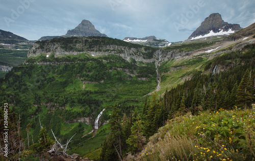 Waterfalls Along Going-To-The-Sun Road with Reynolds Mountain and Clements Mountain in the background  (Glacier National Park)