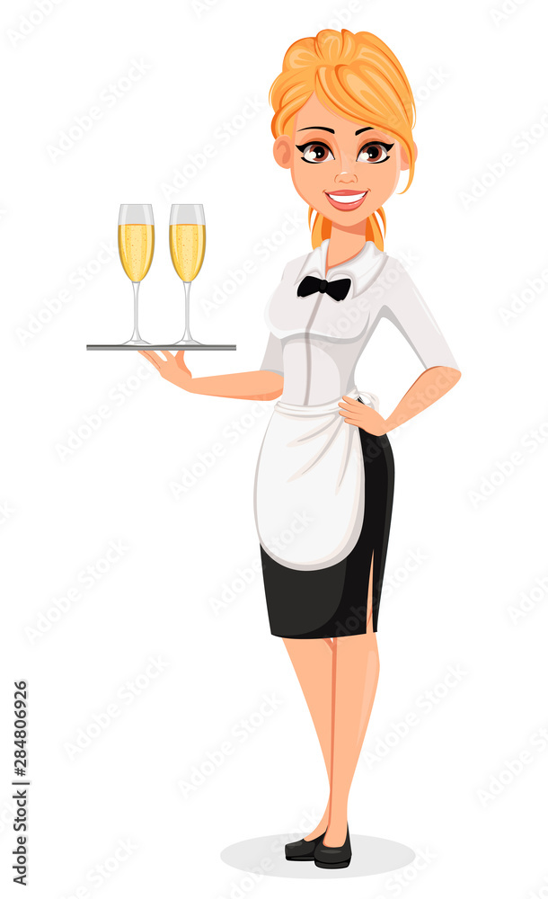 Waitress holds two glasses of champagne Waitress holds two glasses of champagne