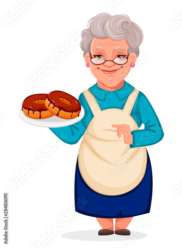 Grandmother holds plate with croissants
