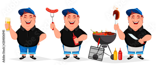 BBQ party. Young cheerful man cooks grilled food