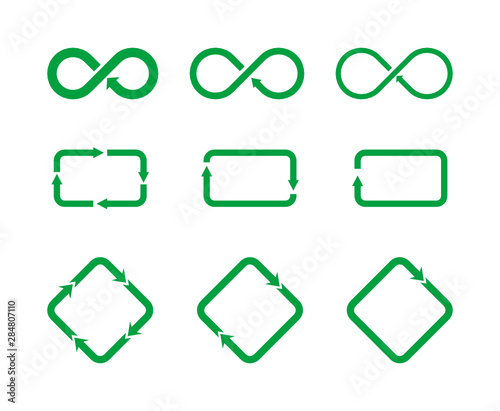 Set of different icons representing recycling and circulation. Recycle symbol sign set. Infinite loop icon. Rhombus with arrows. Rectangle with arrows. Vector illustration, flat style, clip art. 
