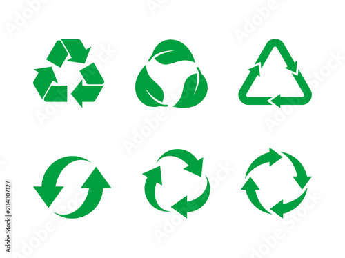 Recycle symbol vector set. Green recycle sign set on white background. Collection of 6 different recycling icons. Reuse, renew, recycling materials, concept. Vector illustration, flat style, clip art.
