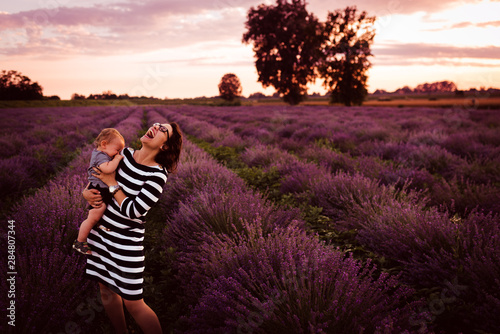 Mom and son walking in a lavender field at sunset photo